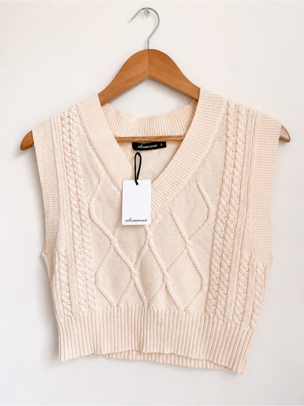 Olivaceous Cable Knit V-Neck Crop Sweater Vest